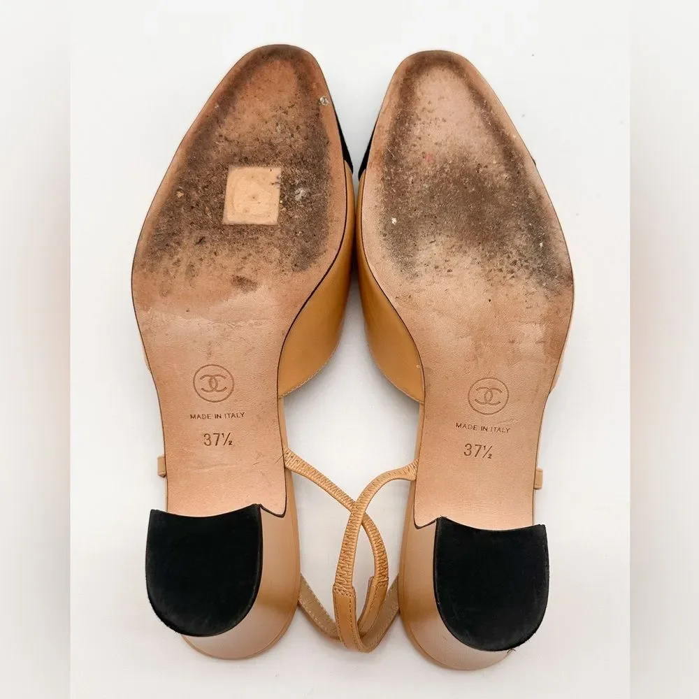 CHANEL Slingback Cap Toe Beige & Black Heels Leather Pumps EU 37.5 US 6.5-7